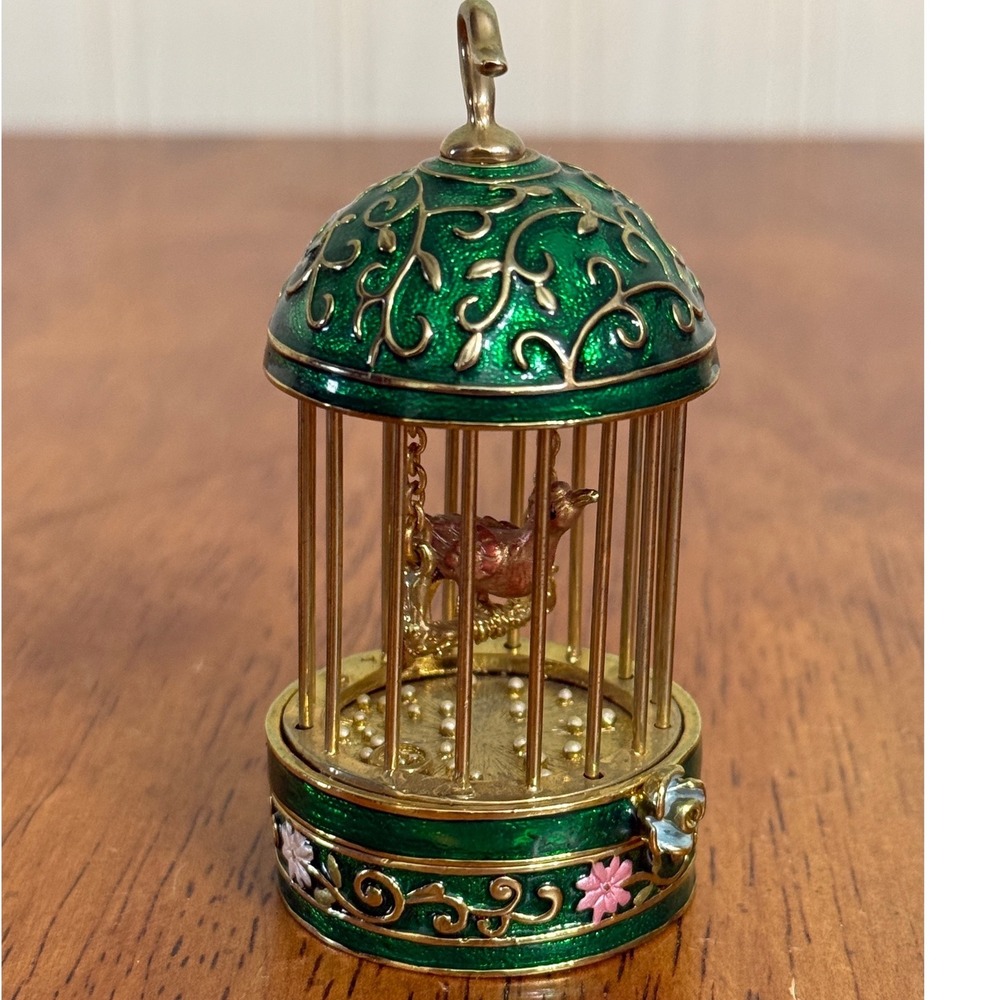 Rucinni Trinket Box Bird Cage Round Green Enamel Gold Tone